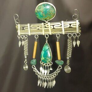 Artisan Brooch articulatingVintage Middle Eastern Silver Turquoise Ethnic Dangle